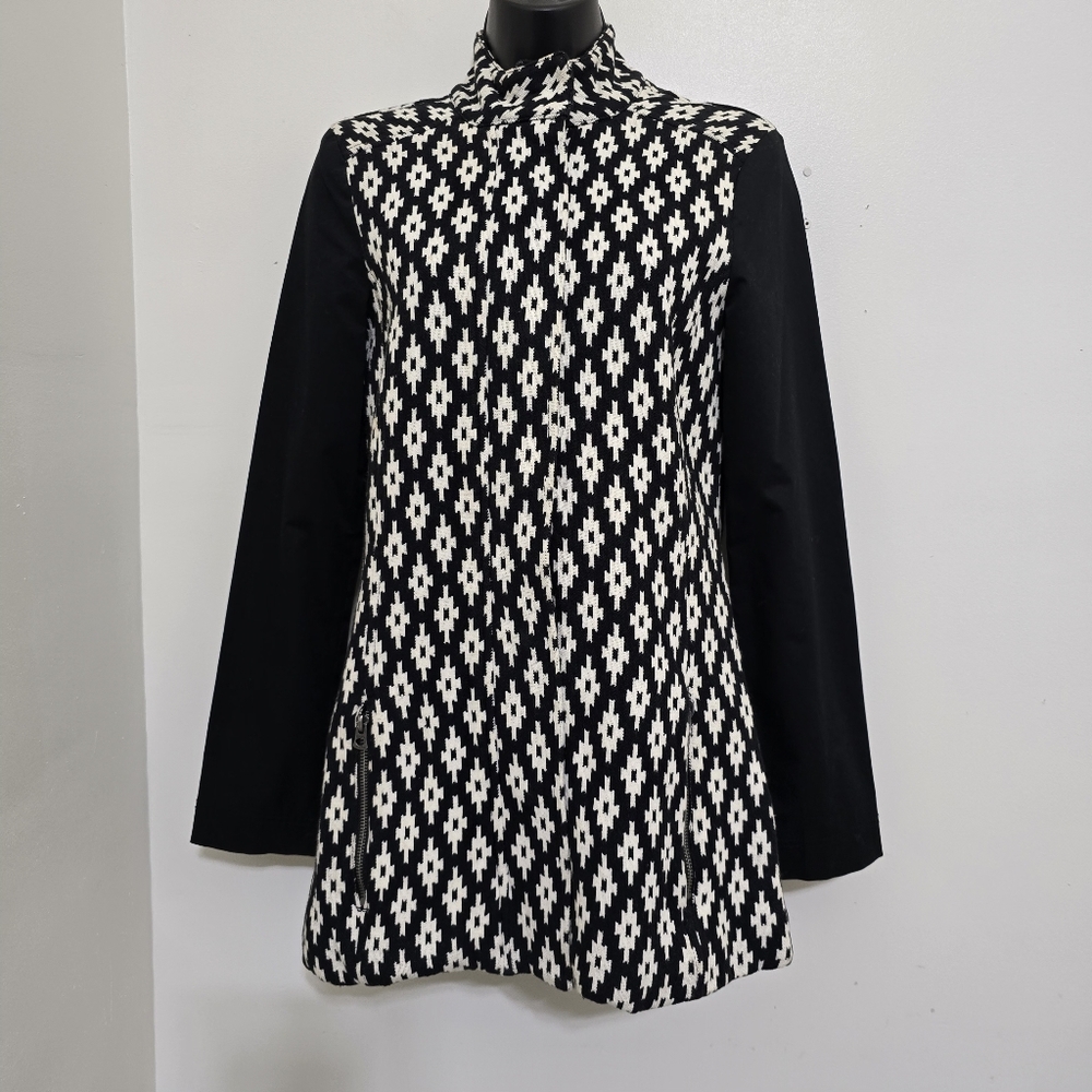LUCKY BRAND size XS Southwestern Geometric Aztec Boho Print Zip Snap Coat Black